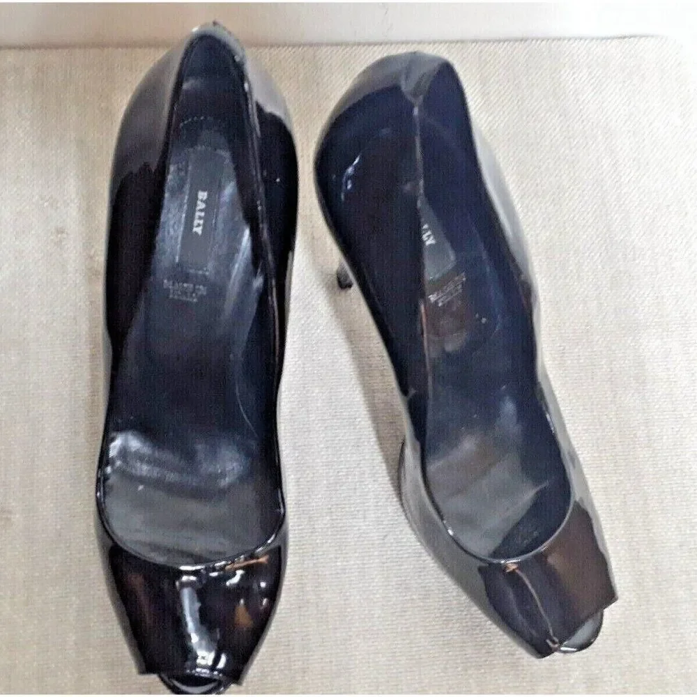 Bally Heels Patent Leather EDDI‎ Black Classic Peep Toe Platform  Italy Size 9.5